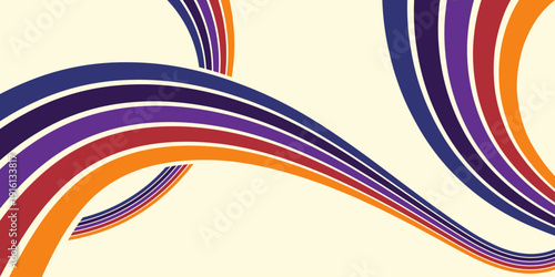Abstract colorful 70s background vector. Vintage retro wallpaper with rainbow stripes and wavy lines. A 1970 color illustration suitable for posters, banners, decorative items and wall art.