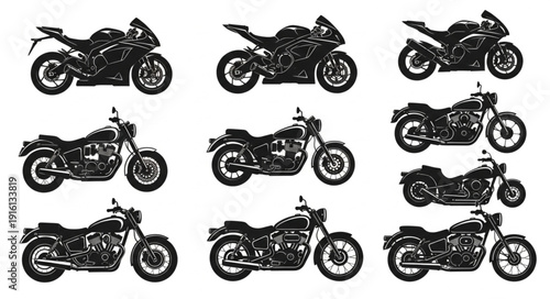Collection of Nine Different Motorcycle Silhouettes.