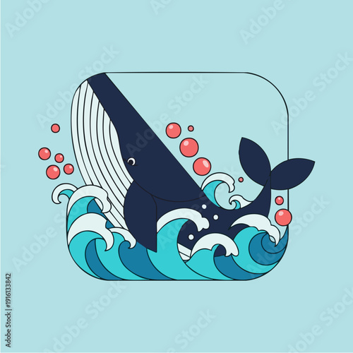 Stylized Blue Whale Breaching Through Ocean Waves.