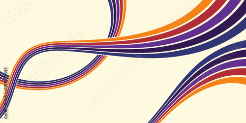 Abstract colorful 70s background vector. Vintage retro wallpaper with rainbow stripes and wavy lines. A 1970 color illustration suitable for posters, banners, decorative items and wall art.