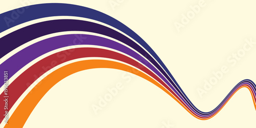 Abstract colorful 70s background vector. Vintage retro wallpaper with rainbow stripes and wavy lines. A 1970 color illustration suitable for posters, banners, decorative items and wall art.