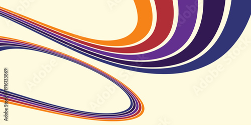 Abstract colorful 70s background vector. Vintage retro wallpaper with rainbow stripes and wavy lines. A 1970 color illustration suitable for posters, banners, decorative items and wall art.