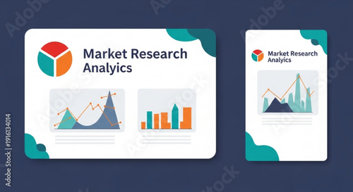 A vector graphic illustration of market research analytics with colorful graphs and charts on a white background
