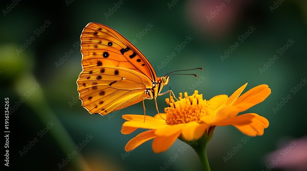 Obraz premium A beautiful orange butterfly with delicate wings rests on a vibrant yellow flower in a sunny summer garden, capturing the colorful beauty of nature and tropical wildlife through macro 