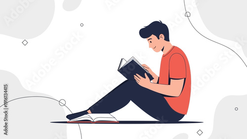 Young man reading a book on floor, learning, education, knowledge, lifestyle