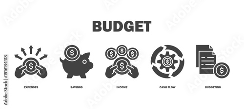 budget banner web icon vector illustration featuring icons of expenses, savings, income, cash flow, budgeting.