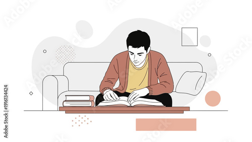 Young Man Reading a Book on a Sofa, Studying Indoors, Minimalist Illustration