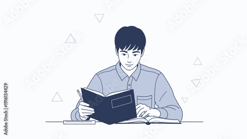Young man reading a book at a desk, studying, learning, knowledge, education, school, university