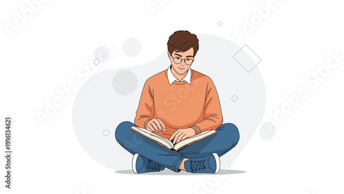 Young Man Reading Book Sitting Cross-legged