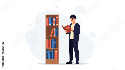 Young Man Reading Book in Library, Studying Knowledge, Education Concept