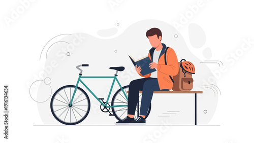 Young Man Reading Book Sitting Next to Bicycle on Bench