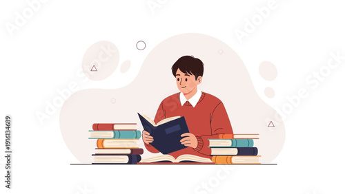 Young Man Reading Book Surrounded by Piles of Books, Studying and Knowledge Concept