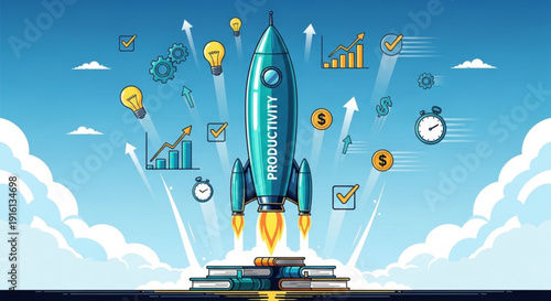 A colorful vector graphic illustration of a rocket launching from books with productivity symbols flying around it