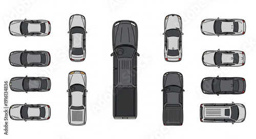 Collection of Cars Seen From Above Top View.