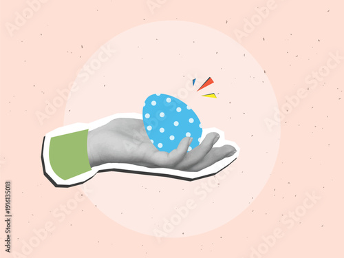 Black and white hand holding a dotted Easter eggs. Modern collage style. Vector illustration