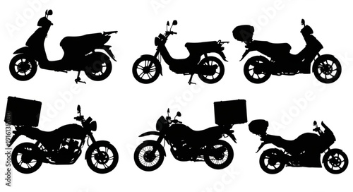 Collection of six motorcycle and scooter silhouettes with delivery boxes.