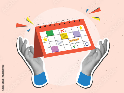 Black and white hand holding a red paper calendar with marks in it. Time management and scheduling concept. Modern collage style. Vector illustration