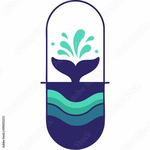 Whale Tail Spouting Water Inside Capsule Shape.