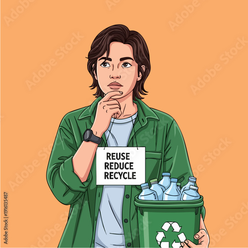 Young man contemplating recycling with a bin of bottles.