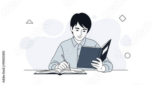 Young man studying, reading book and writing notes at desk, educational concept