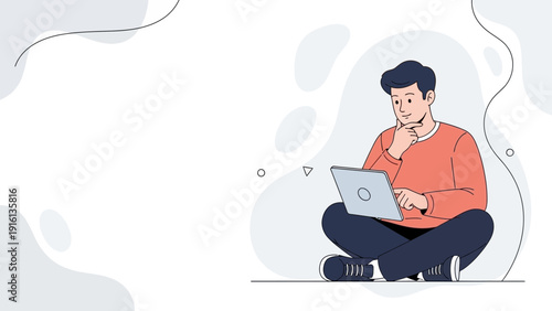 Young Man Thinking While Working on Laptop, Modern Flat Illustration
