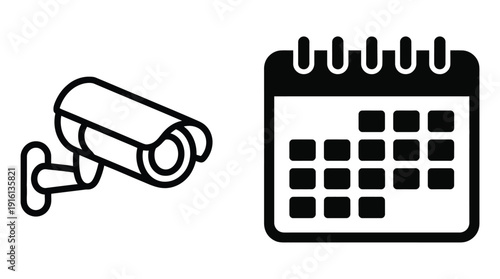 Black and white line of a security camera and a calendar