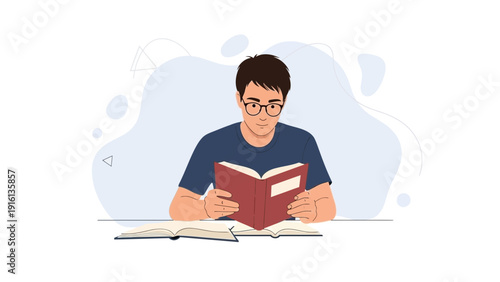 Young Man Reading Book, Studying with Glasses and Books on Table, Education Concept