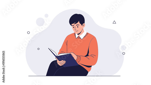 Young Man Reading Book, Studying, Gaining Knowledge, Flat Illustration Style