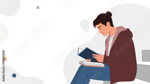 Young man reading book, studying, learning, focused, calm, modern illustration