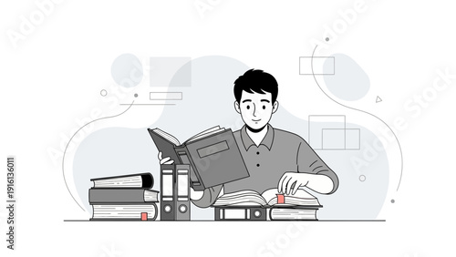 Young man reading books, studying, learning, knowledge, education, research, library, desk