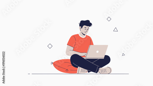 Young man sitting cross-legged on a beanbag, working on a laptop, modern flat design