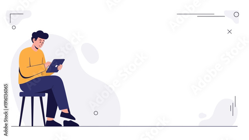 Young man sitting on stool using tablet, modern flat illustration, copy space