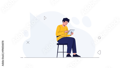 Young man sitting on stool using tablet, modern flat illustration