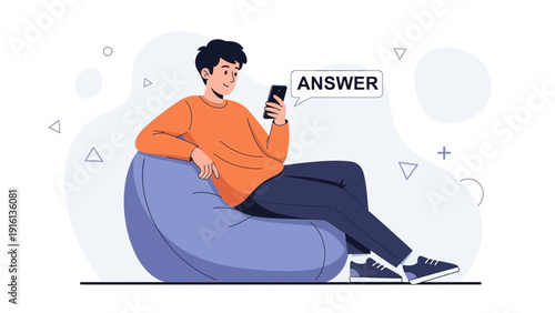 Young man sitting on a beanbag chair, looking at smartphone, message bubble with "ANSWER"