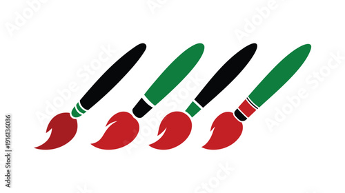 Four paintbrushes with red green and black bristles and handles on white background painting