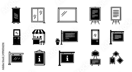 Promotional display flat line icon set black vector