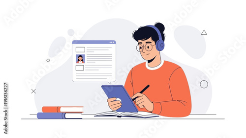 Young man studying online with tablet and headphones, e-learning concept