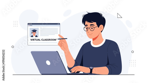 Young Man Studying Online in Virtual Classroom with Laptop, Digital Education Concept