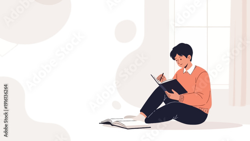 Young Man Studying or Writing in a Book, Sitting by the Window