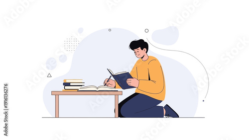 Young man studying, reading and writing in books on the floor