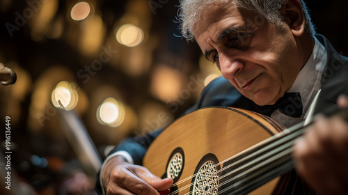 An older man plays the oud at Al Bustan International Festival in Beit Mery, Lebanon, a cultural event with musicians performing together.
