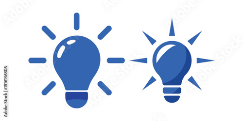 Two blue lightbulbs emitting light beams facing each other on white background