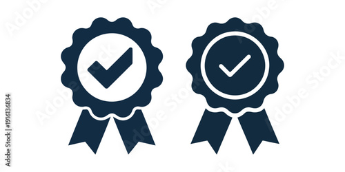 Two dark blue rosette ribbons with white checkmark symbols on a white background rosettes badges awards