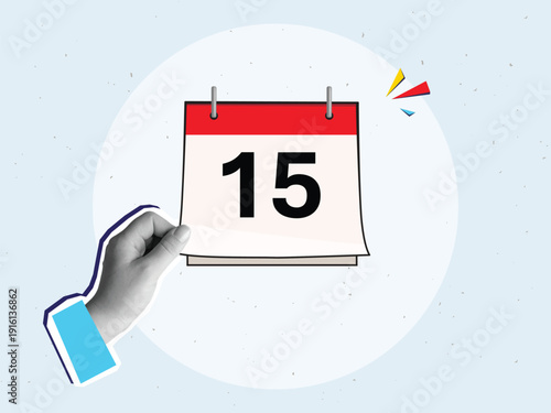 Black and white hand turning a page of a paper calendar with the abstract date. Modern collage style. Vector illustration