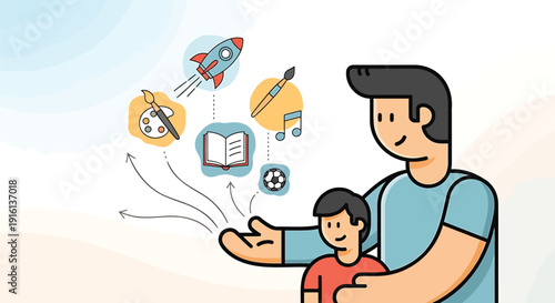 A father guiding his child with educational icons floating around them