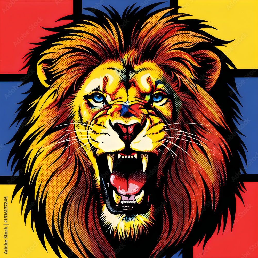 Fototapeta premium Vibrant lion roaring against a colorful abstract background
