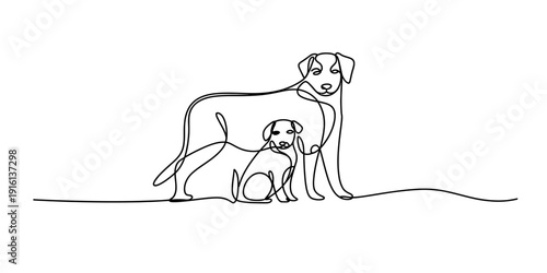 Continuous line drawing of a large dog and a small puppy sitting together on a white background. Vector, illustration