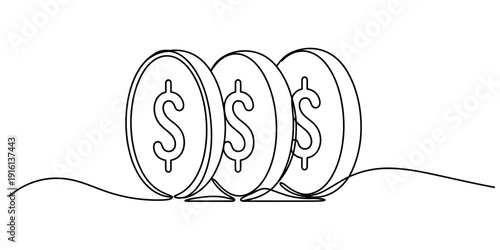 Continuous line drawing of three dollar coins representing financial growth and wealth. Vector, illustration