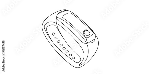 A simple black and white line drawing illustration of a modern fitness tracker smartwatch. Vector, illustration