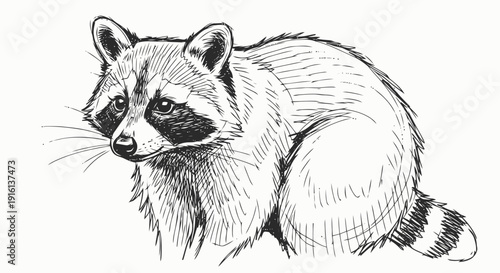 Detailed black and white raccoon illustration.